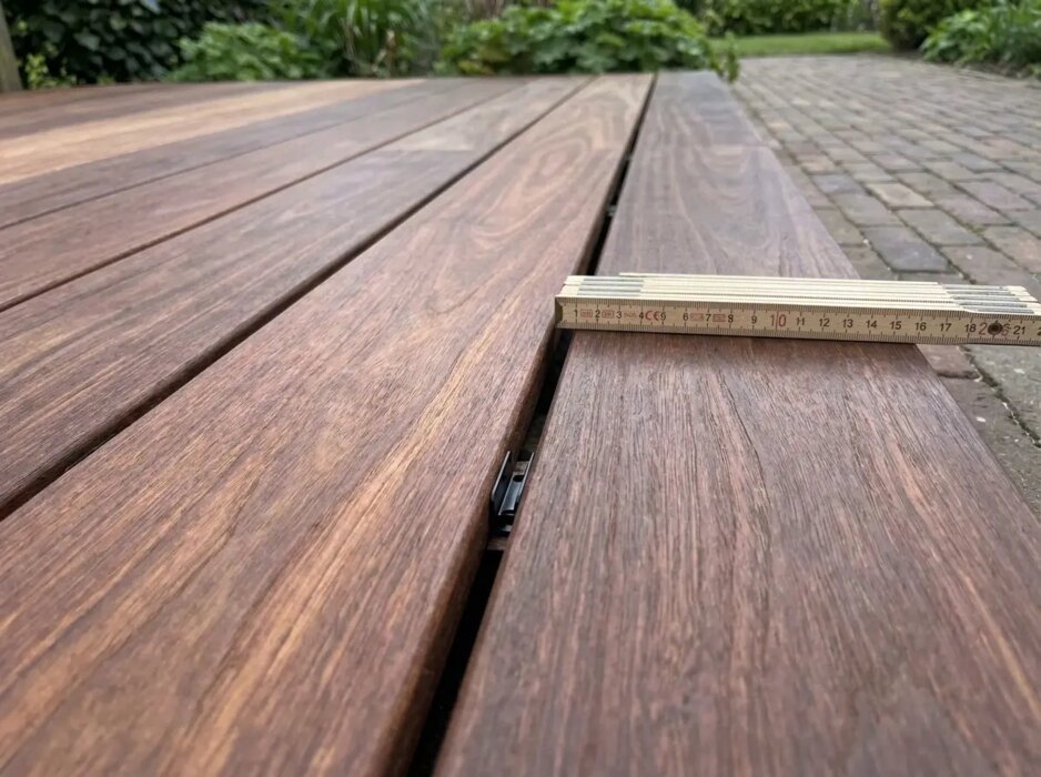 Ipe Terrassendielen mit 8 mm Fuge und schwarzem Edelstahlclip in der Nut Ipe Terrassendielen mit 8 mm Fuge und schwarzem Edelstahlclip in der Nut