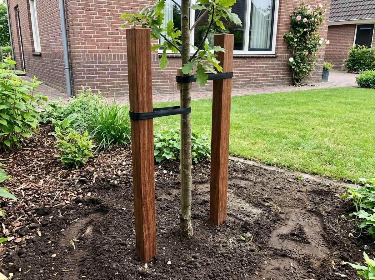 Zwei feste Gartenpfähle aus witterungsbeständigem Hartholz stützen einen jungen Baum im Garten