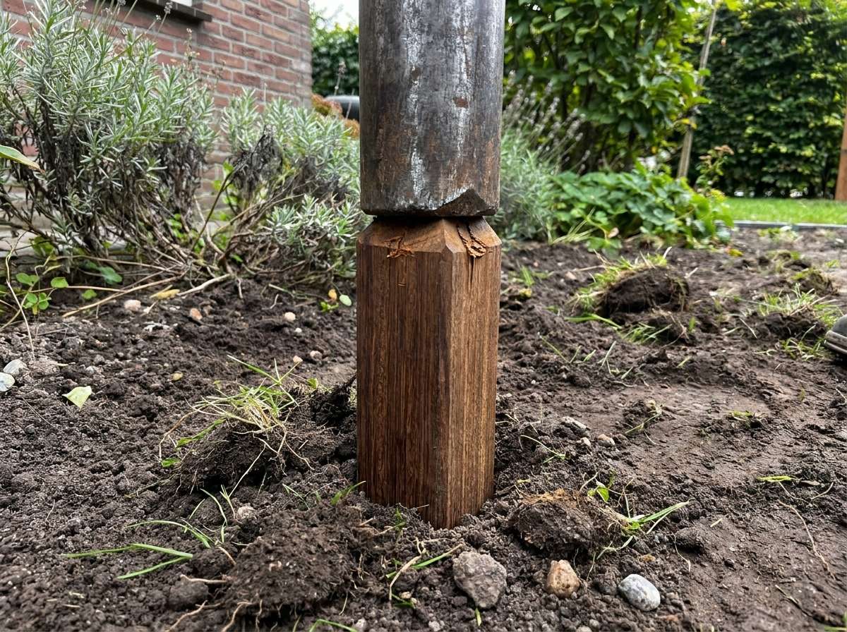 Mit einer praktischen Pfahlramme wird ein spitzer Gartenpfahl aus Hartholz in den Gartenboden gesetzt