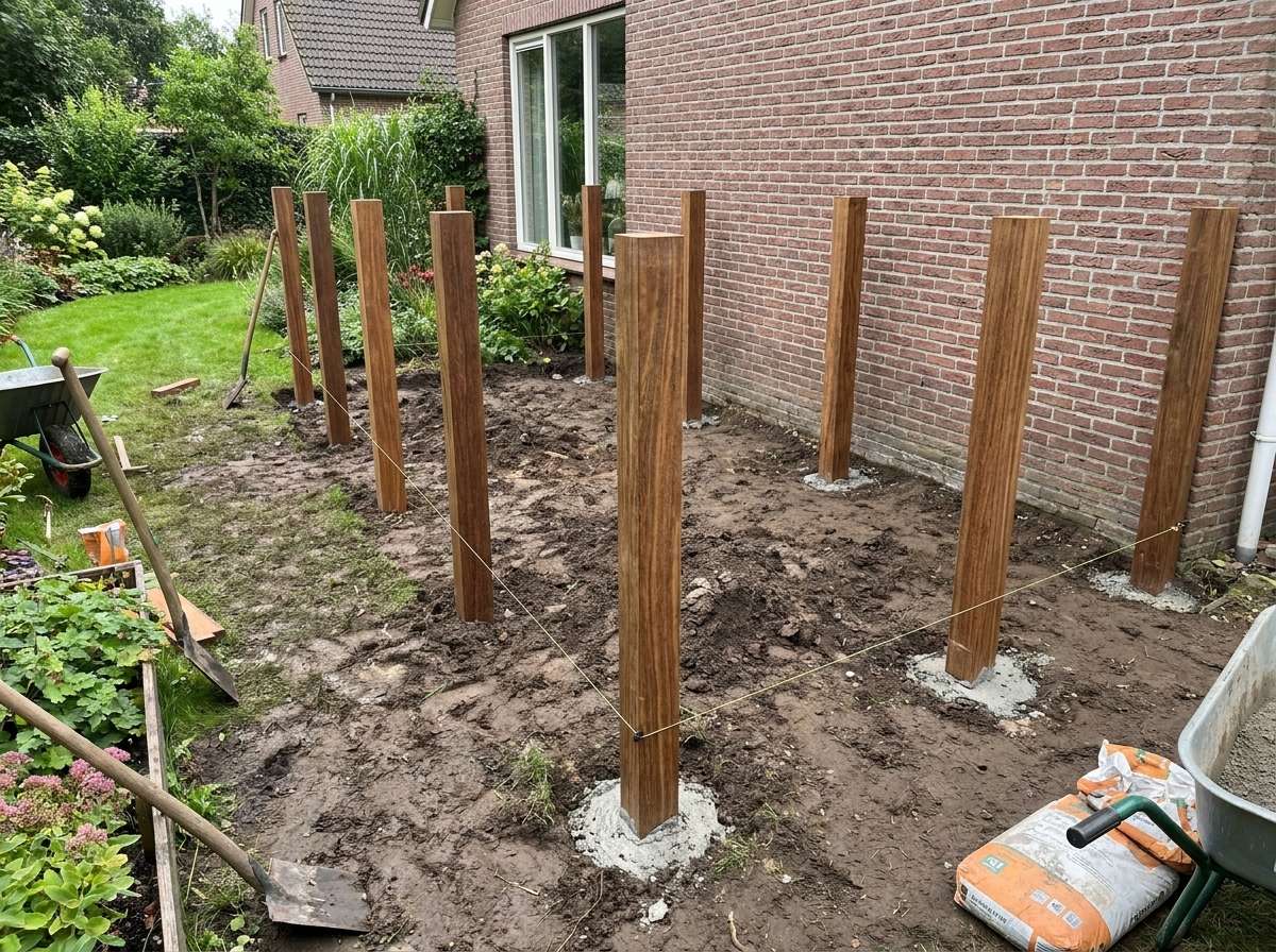 Stabile Hartholzpfähle im Betonbett dienen als langlebige Unterkonstruktion für eine Holzterrasse