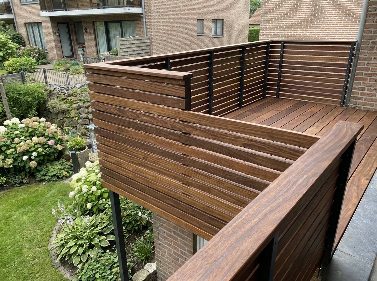 Ipe Holzlatten montiert als modernes Balkongeländer für eine stilvolle Absturzsicherung auf der Terrasse