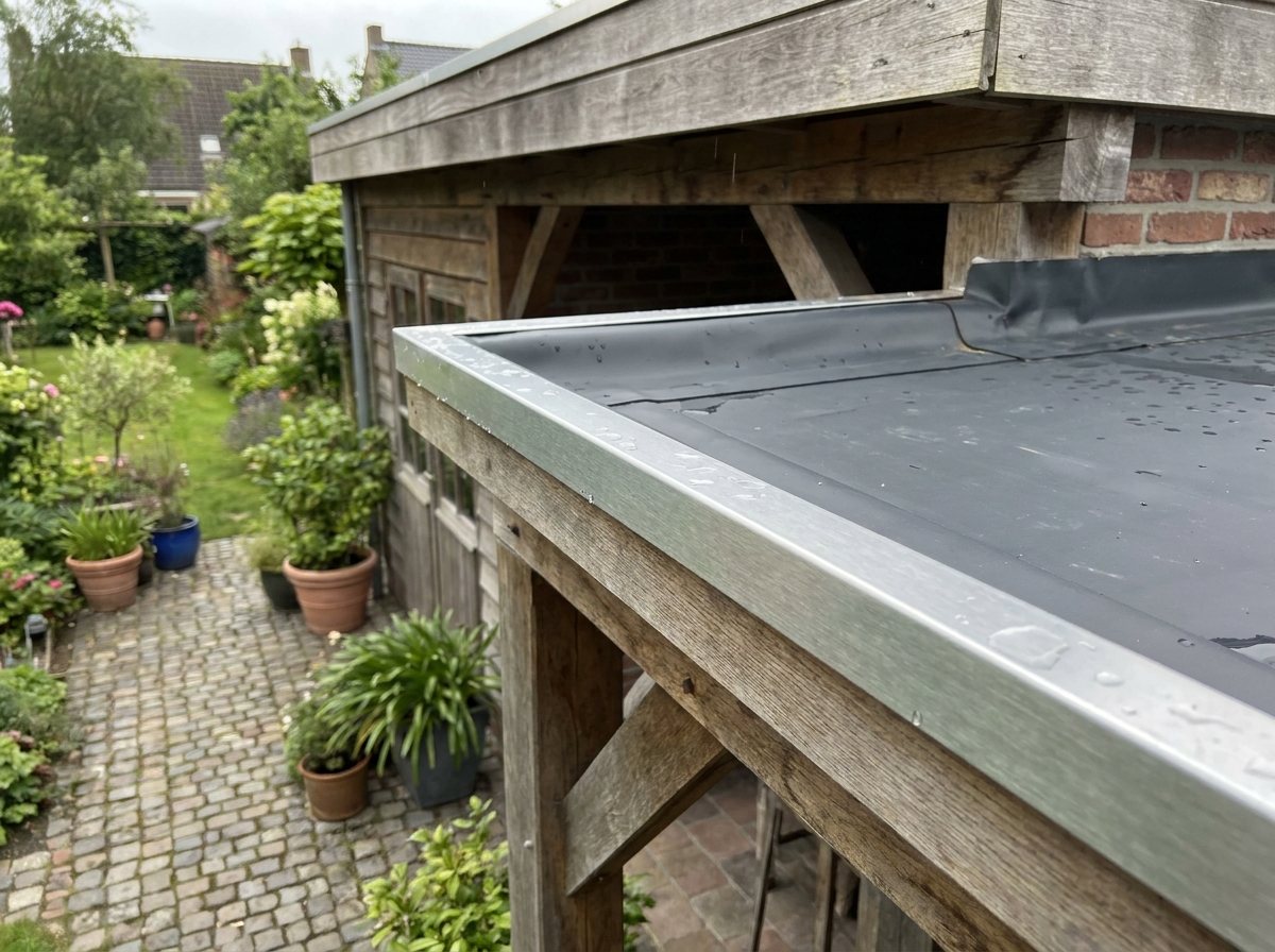 Schwarze EPDM Dachbedachung mit Dachblende auf dem Flachdach einer hölzernen Überdachung im Garten