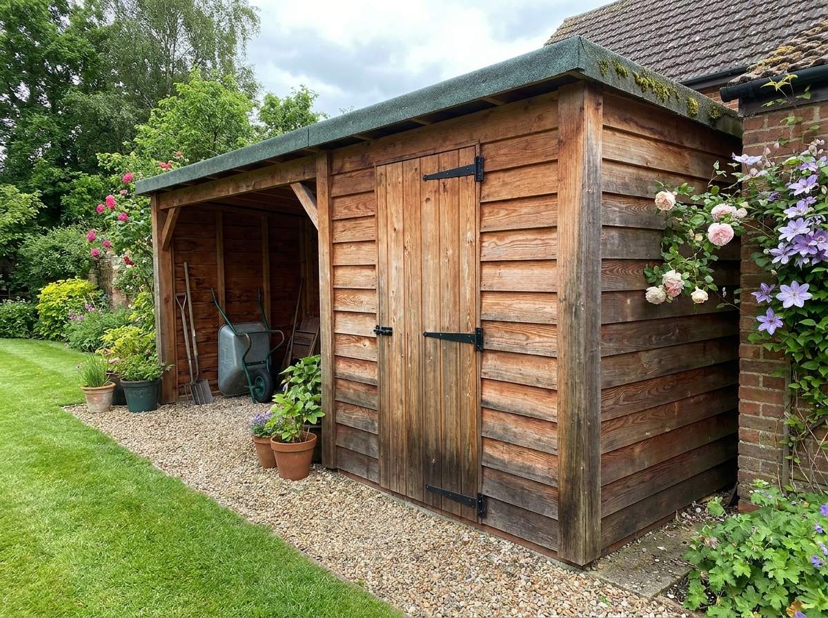 Ein geräumiges Gerätehaus aus Holz mit offenem Unterstand für Gartengeräte im gepflegten Garten