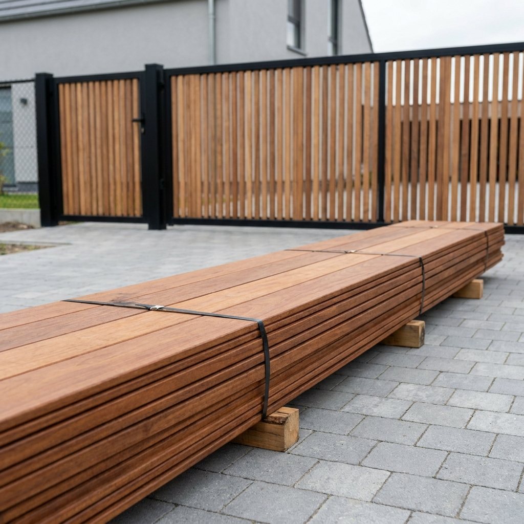 Ein gebündeltes Paket Terrassendielen nach der Hartholz Lieferung & Versand auf der Einfahrt