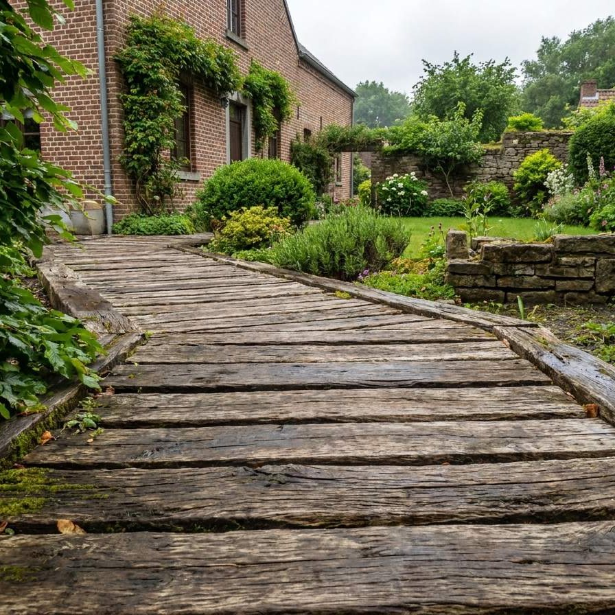 Ein geschwungener Gartenweg aus Angelim Pedra Dielen entlang einer Backsteinmauer