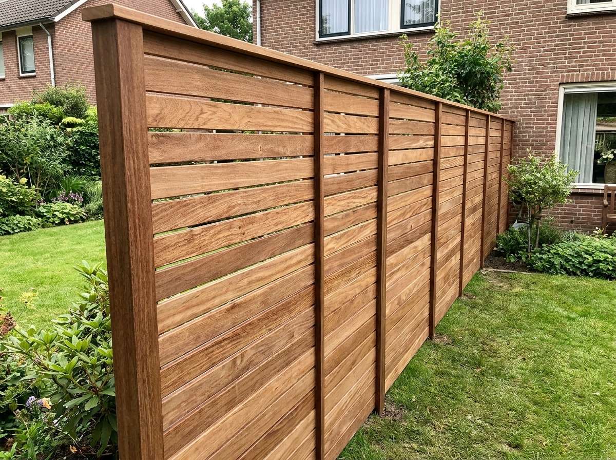 Ipe Hartholz Bretter bilden einen blickdichten modernen Sichtschutzzaun mit Abdeckleiste im Garten