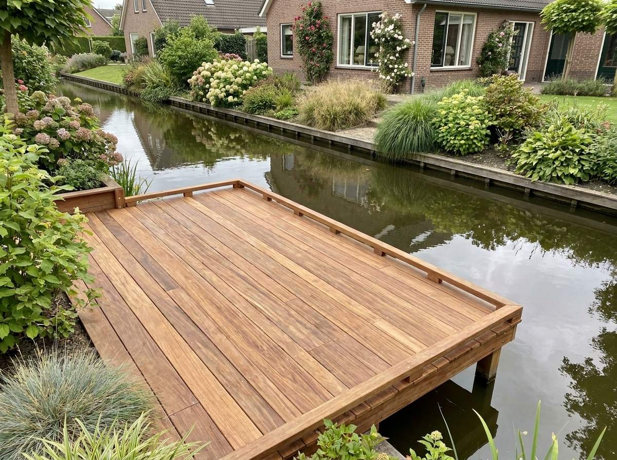 Großzügige Terrasse und Bootssteg am Wasser gebaut aus langlebigen Ipe Terrassendielen