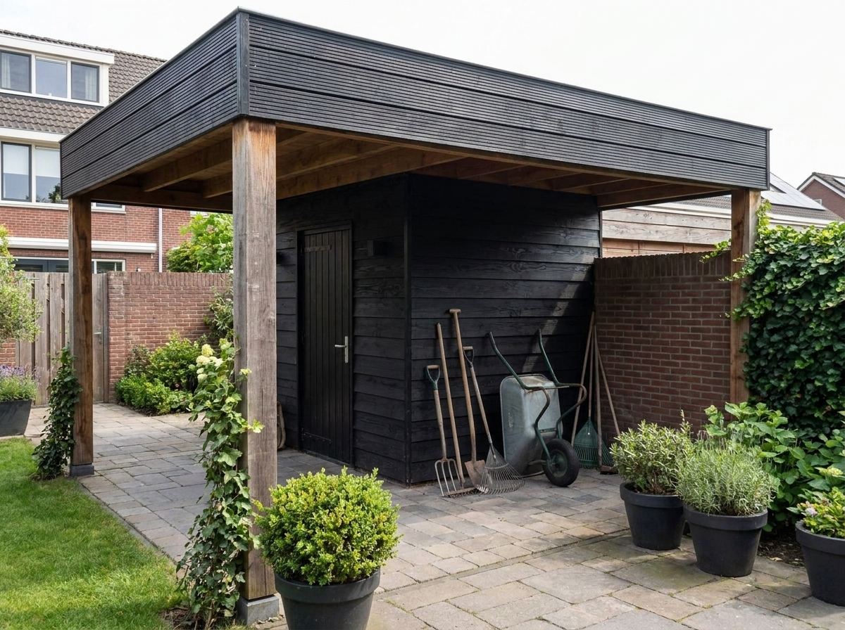 Modernes schwarzes Gerätehaus aus Holz mit praktischem Vordach und Gartengeräten auf der Terrasse
