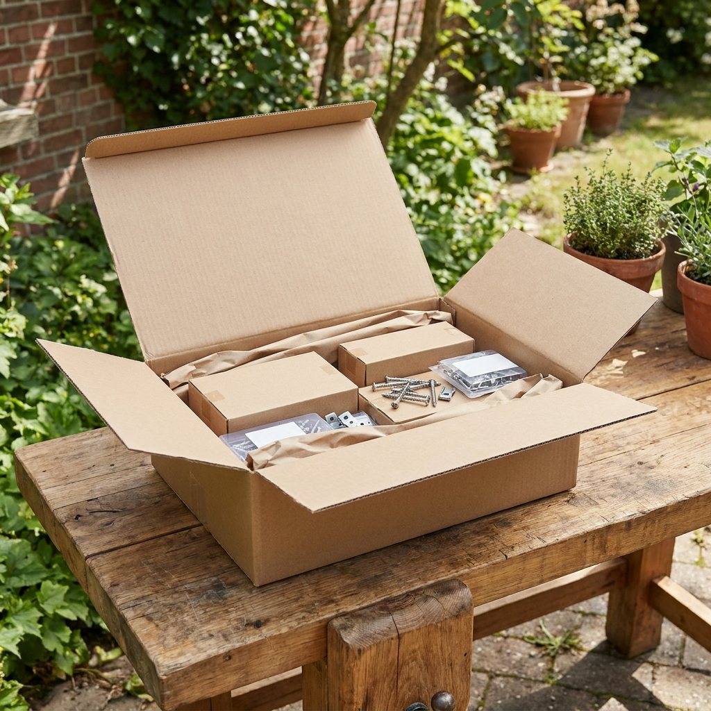 Retouren & Rücksendungen von Zubehör und Montagesets im Karton Geöffnete Schachtel für Retouren & Rücksendungen mit Schrauben und Montagezubehör auf einem Holztisch im Garten