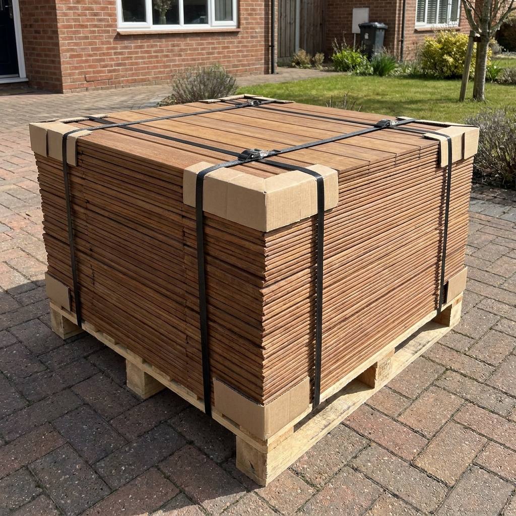 Retouren & Rücksendungen von sicher verpackten Holzlieferungen Sorgfältig verpackte Holzlieferung auf Palette für Retouren & Rücksendungen vorbereitet