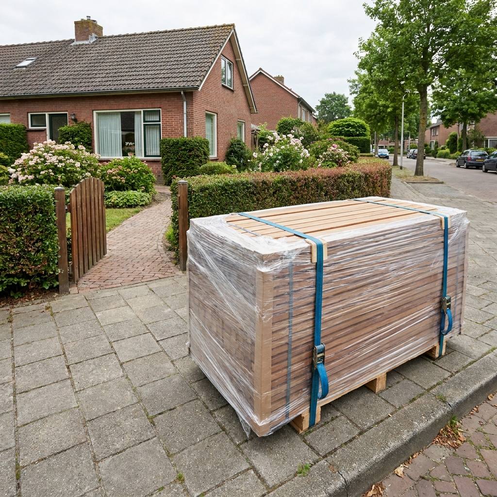 Retouren & Rücksendungen sicher verpackt auf einer Palette Für Retouren & Rücksendungen transportsicher verpackte Holzlieferung auf Palette am Straßenrand