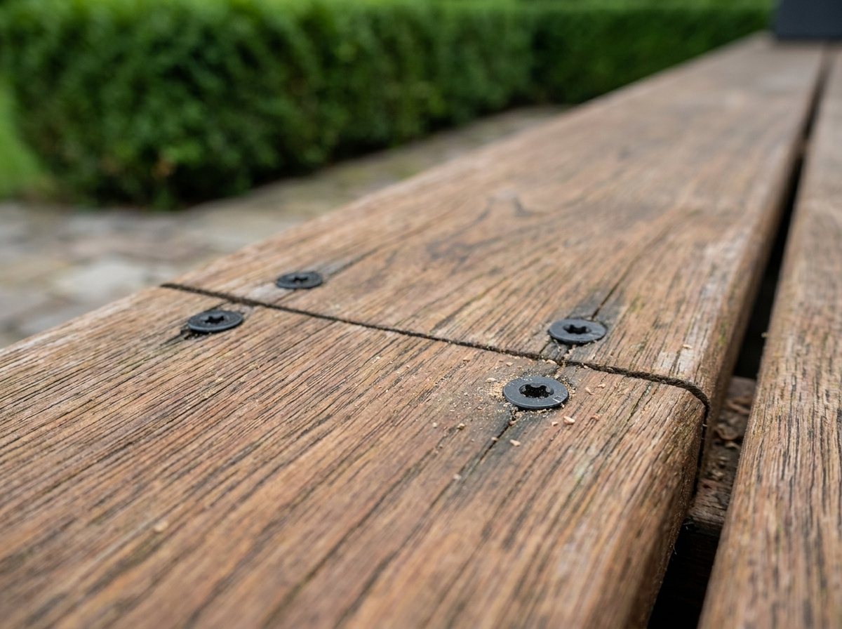 Detailansicht einer Ipe Terrassendiele mit bündig versenkter schwarzer Edelstahlschraube