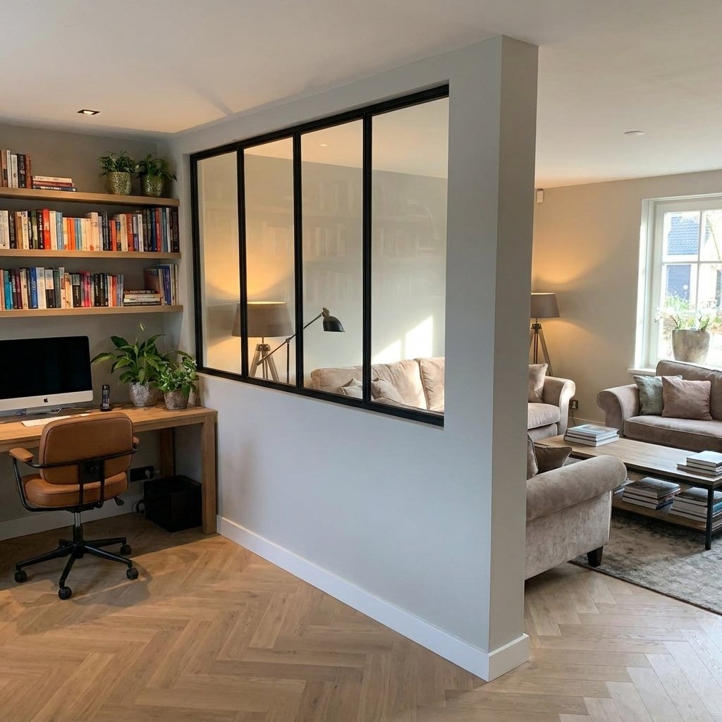 Schwarze Stahlfenster als Raumteiler zwischen dem Homeoffice und Wohnbereich