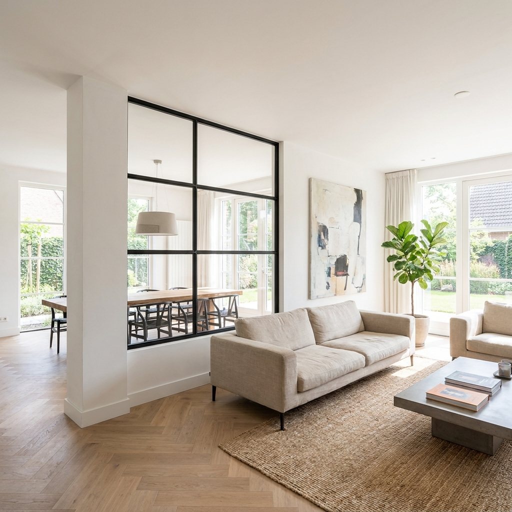 Elegante schwarze Stahlfenster als stilvolle Trennwand im modernen Wohnzimmer