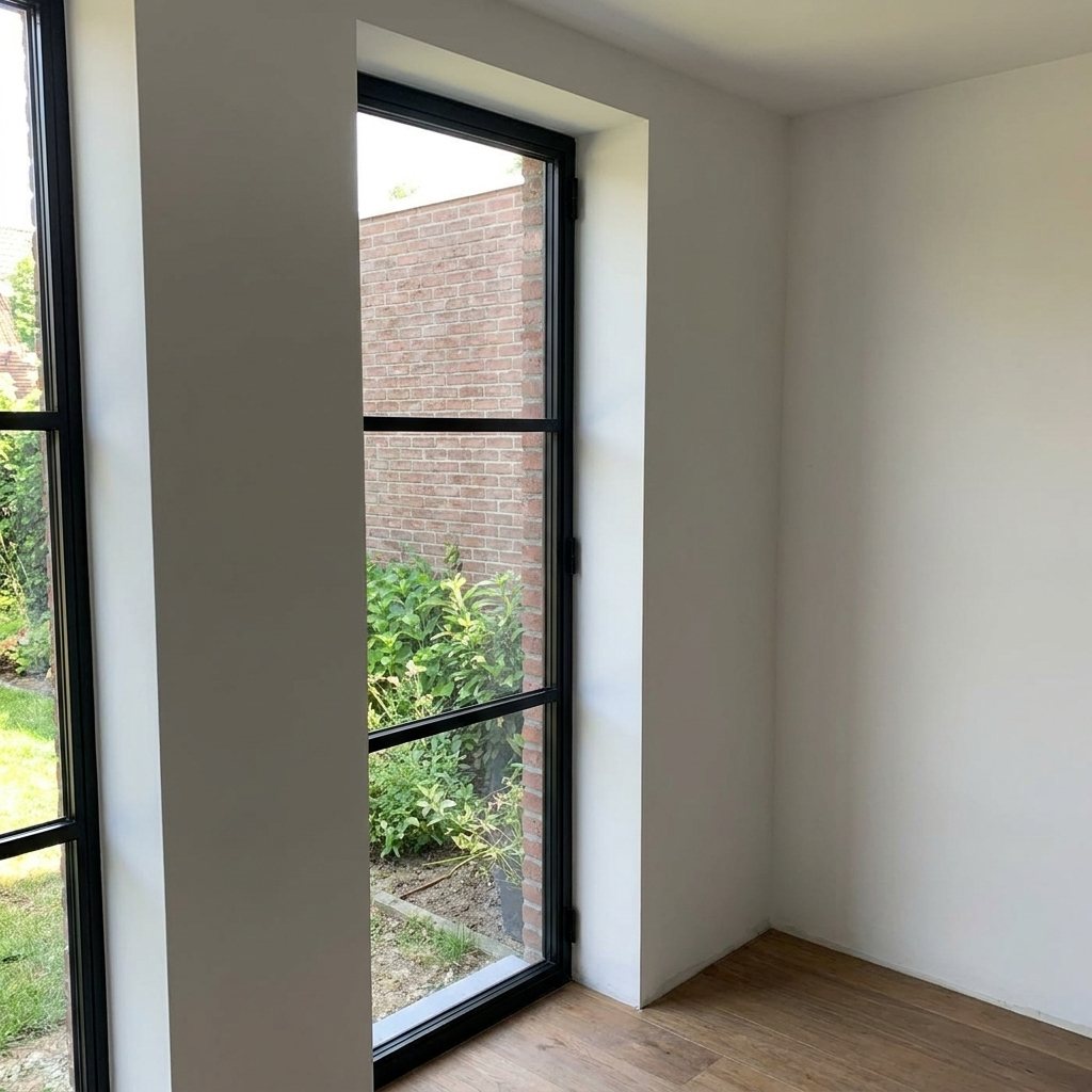 Modernes Zimmer mit eleganten schwarzen Stahlfenster Profilen zum Garten