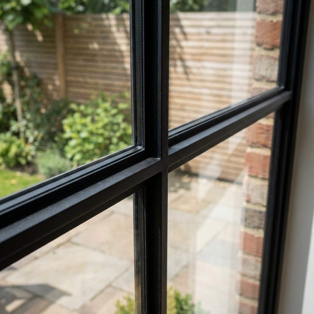 Elegante schwarze Stahlfenster mit Sprossen und Blick in einen sonnigen Garten