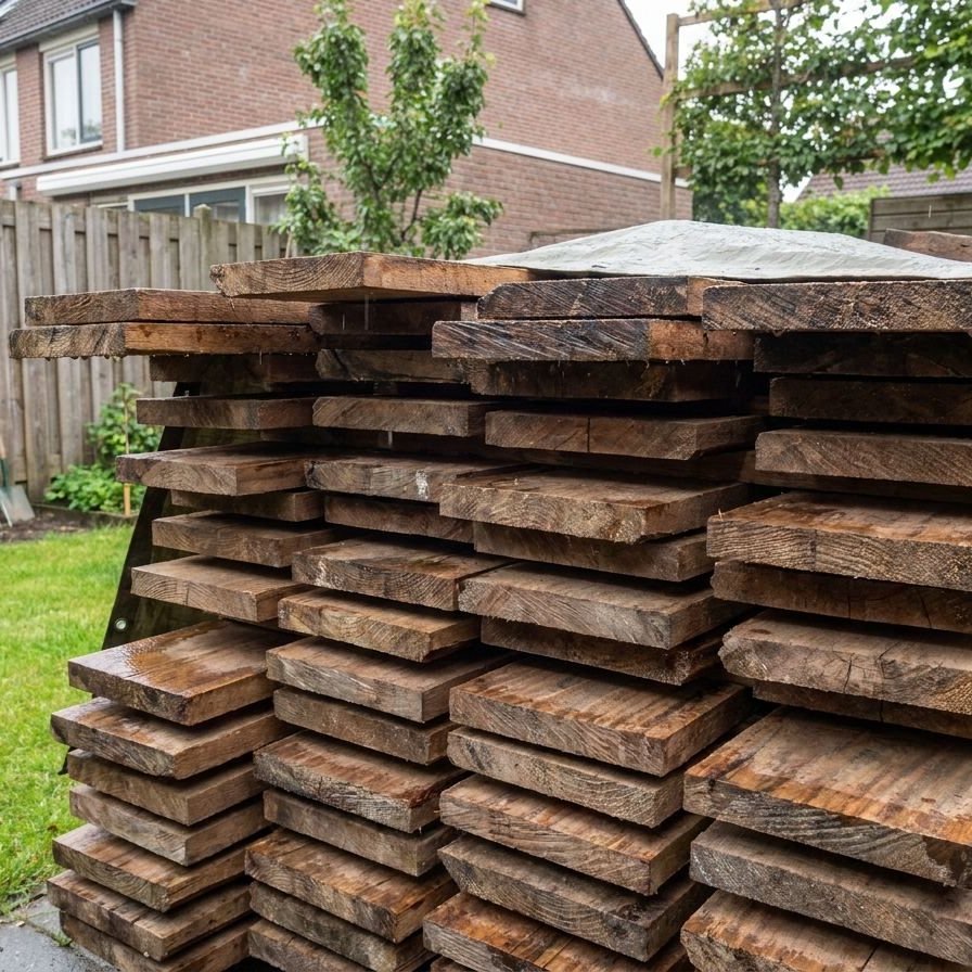 Ein großer Stapel sägerauer Bretter aus Sucupira Hartholz liegt bereit für den Terrassenbau im Garten