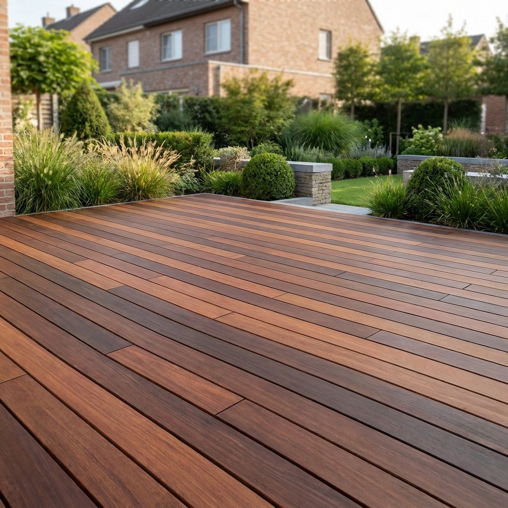 Moderne Holzterrasse aus Sucupira Dielen in einem gepflegten Garten hinter dem Haus