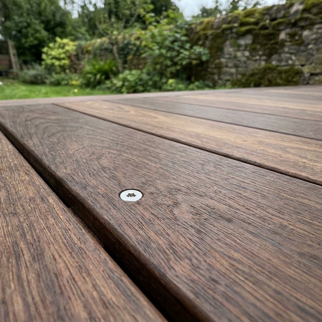 Nahaufnahme glatter Sucupira Terrassendielen mit Torx Schraube im Garten