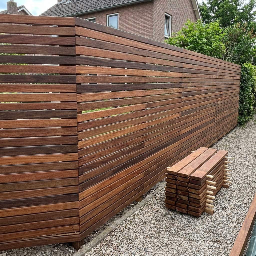 Moderne horizontale Sichtschutzlatten aus Sucupira Hartholz neben einem Gartenweg mit Kies