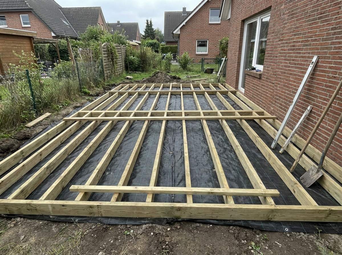 Eine hölzerne Unterkonstruktion für eine Terrasse wird auf schwarzem Unkrautvlies montiert
