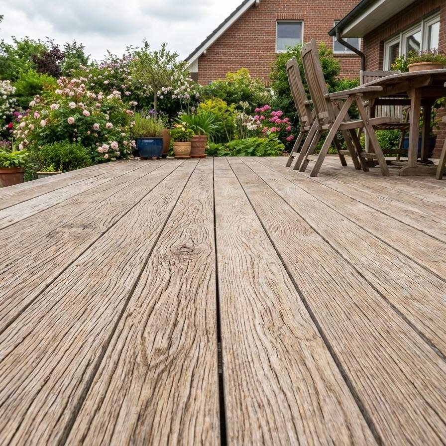 Eine verwitterte Terrasse aus Angelim Pedra Holz mit gemütlichen Gartenmöbeln