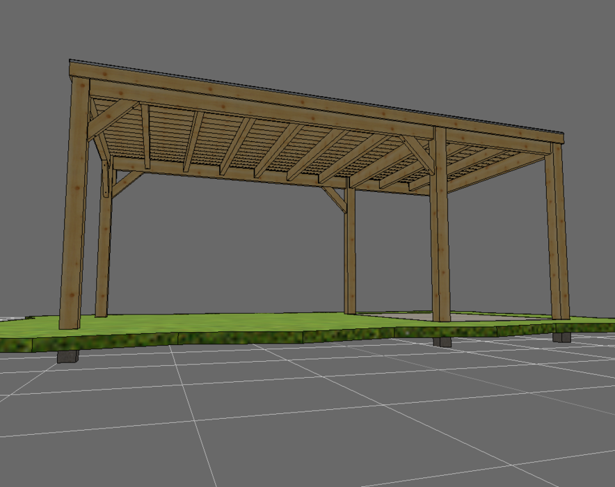 Stabiles Holzskelett eines Discount Carports aus Douglasie mit fertig montierter Dacheindeckung