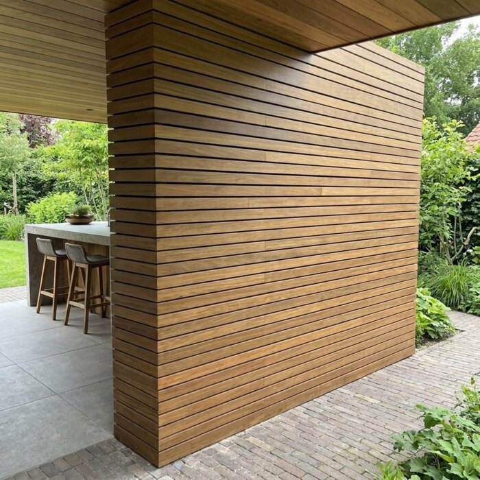 Ipe Lamellenwand mit 5 cm Lamellen an einer Außenküche