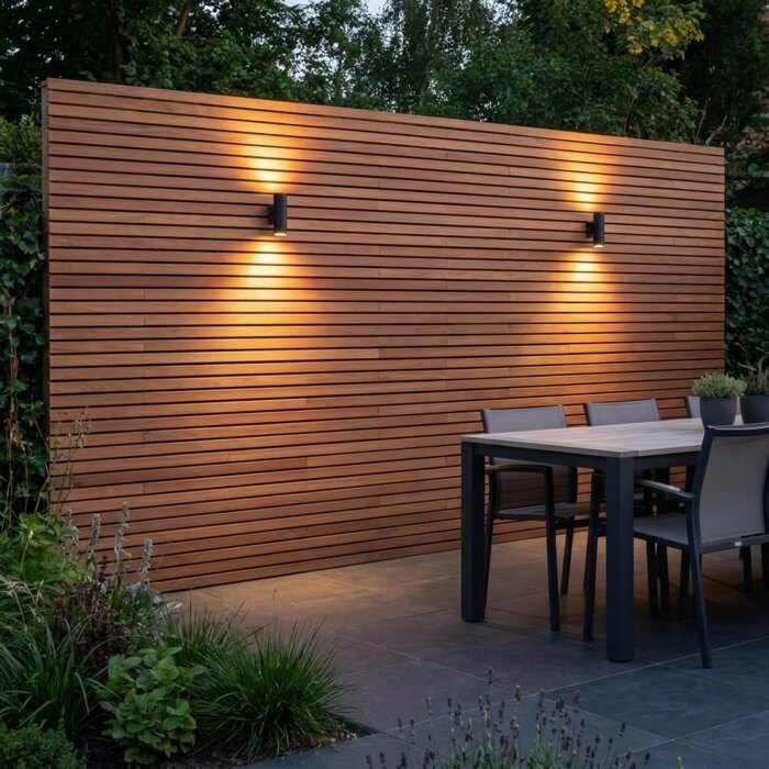 Ipe Lamellenwand 5 cm mit Up-Down LED Beleuchtung am Abend