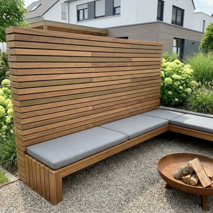 Ipe Lamellenwand mit 5 cm Lamellen hinter einer Sitzbank