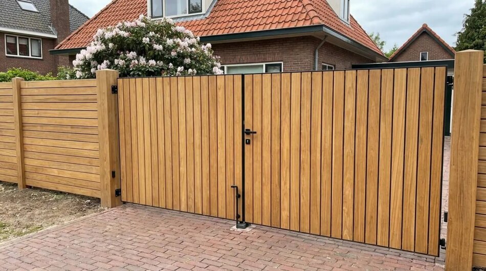 Teak Doppeltor nach Maß für eine Einfahrt, 9 cm Lamellen