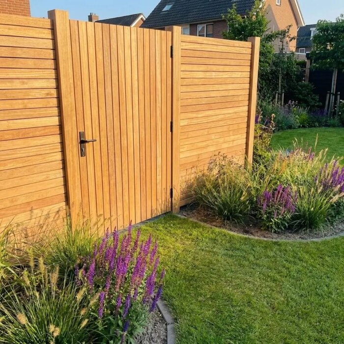 Teakholz Gartentor mit 5 cm Lamellen in einem Teak Zaun hinter einem Beet mit Ziergräsern