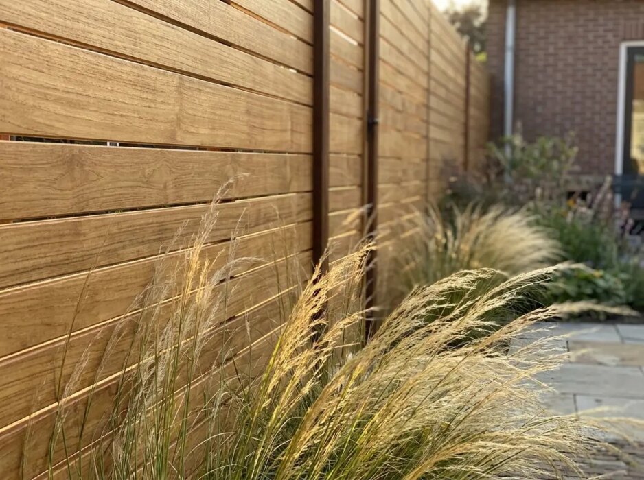 Detail der breiten 9 cm Teak Lamellen mit Ziergras in der Abendsonne