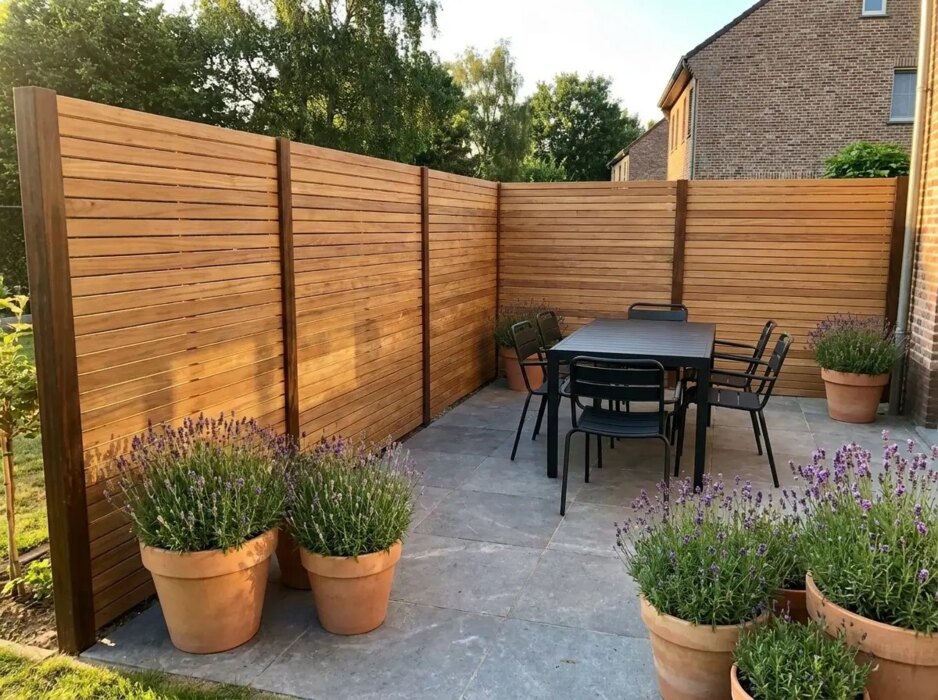 Teak Sichtschutz mit 7 cm Lamellen über Eck an einer Terrasse mit Esstisch