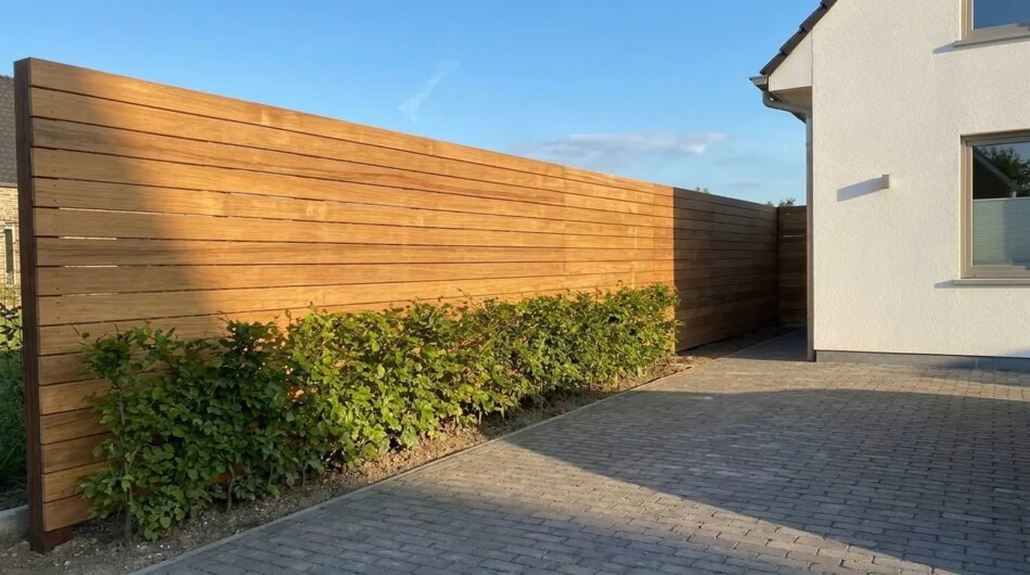 Teak Zaun mit 9 cm Lamellen entlang einer Einfahrt mit Buchenhecke