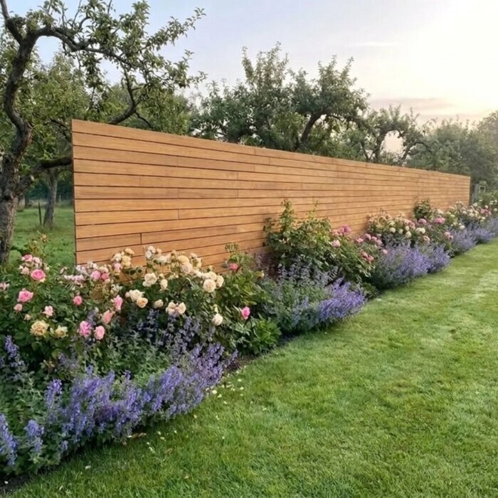 Teak Zaun mit 9 cm Lamellen, 1,80 m hoch, in einem Landhausgarten Teak Zaun mit 9 cm Lamellen, 1,80 m hoch, in einem Landhausgarten