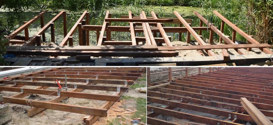 Unterkonstruktionsbalken aus Hartholz für den Aufbau einer sauberen Holzterrasse im Garten